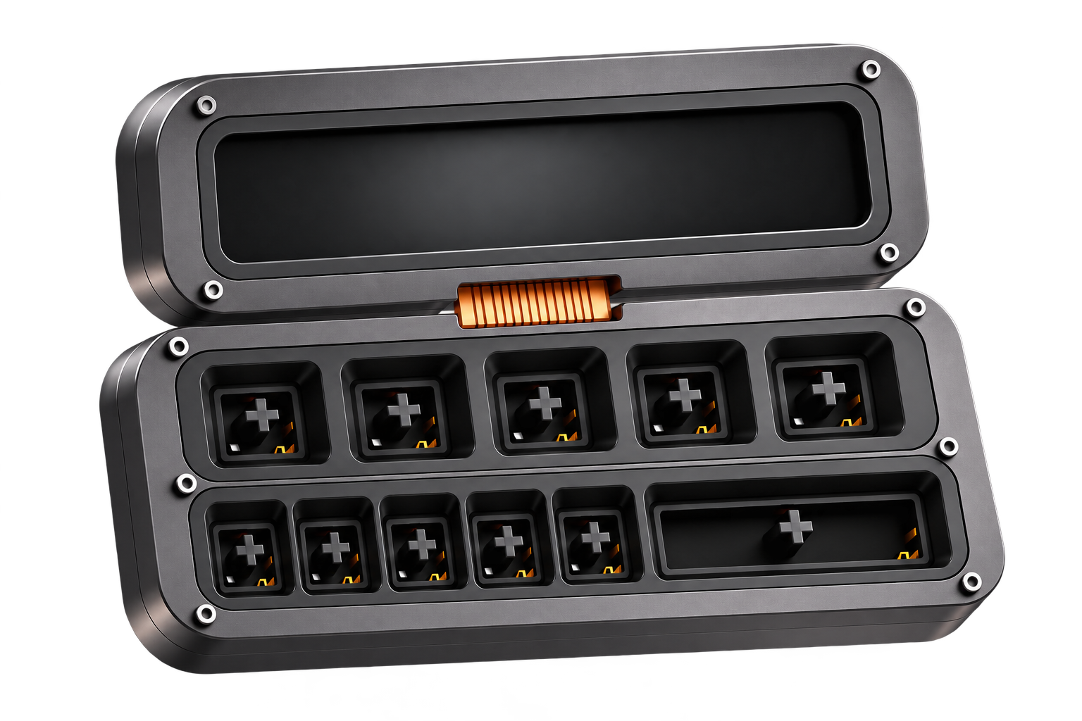 Open graphite mechanical keyboard case with a screen in the lid and an orange hinge